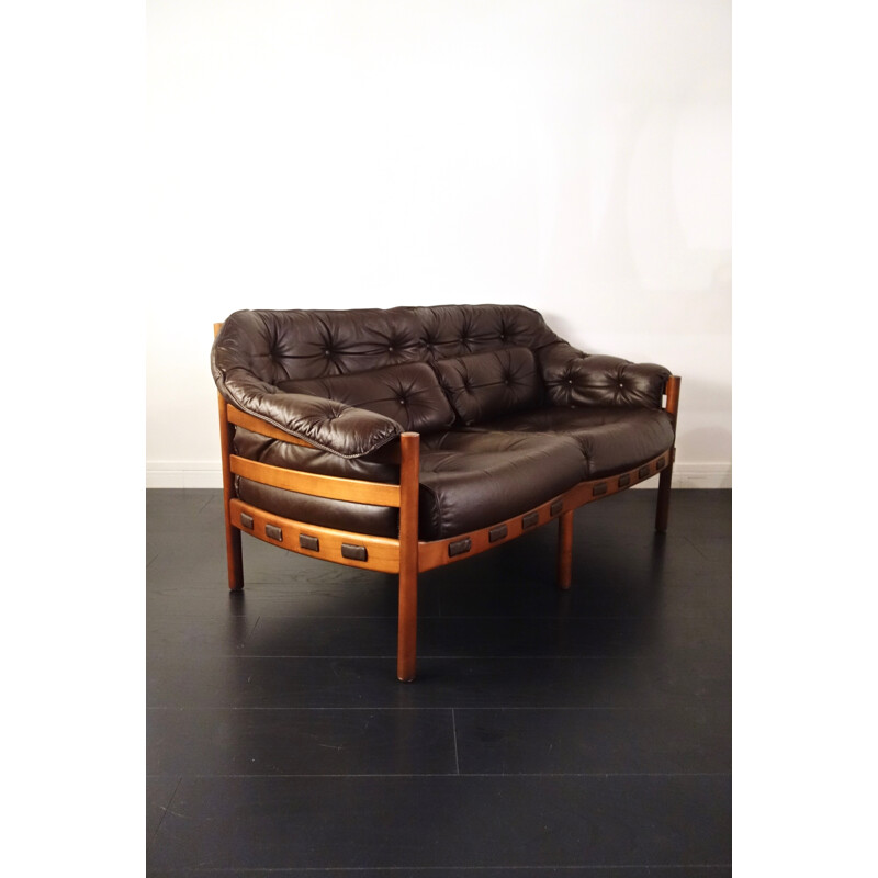 Vintage brown leather 2 seater sofa by Arne Norell for Coja - 1960s