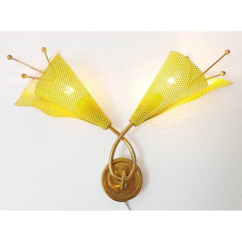 Vintage wall lamp made of perforated sheet metal & brass - 1950s