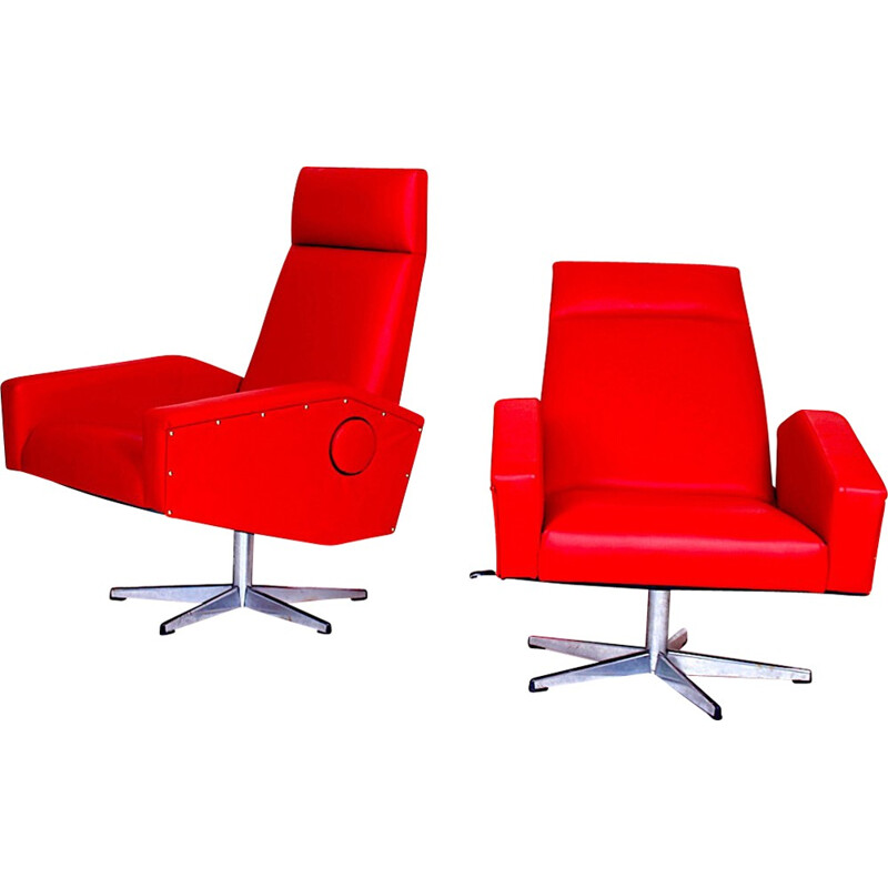 Paar rode verstelbare fauteuils in skai - 1970