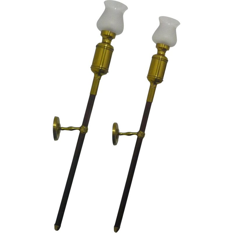 Vintage pair of Torch wall lamps made of solid brass and mahogany - 1940s