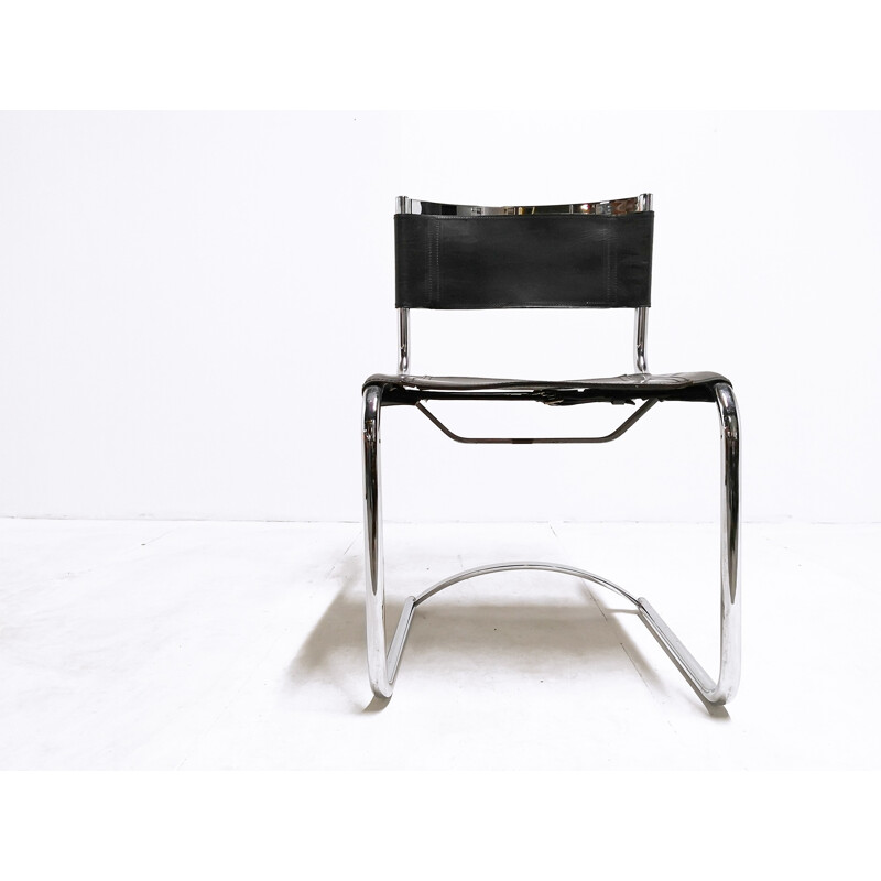 Set of 6 chairs vintage chromed steel and black leather - 1970s