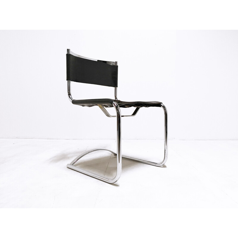 Suite de 6 chaises vintage en acier chromé et cuir noir - 1970