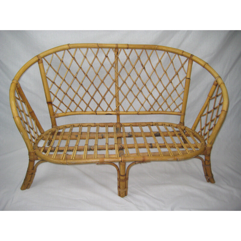Vintage french rattan bench - 1970s