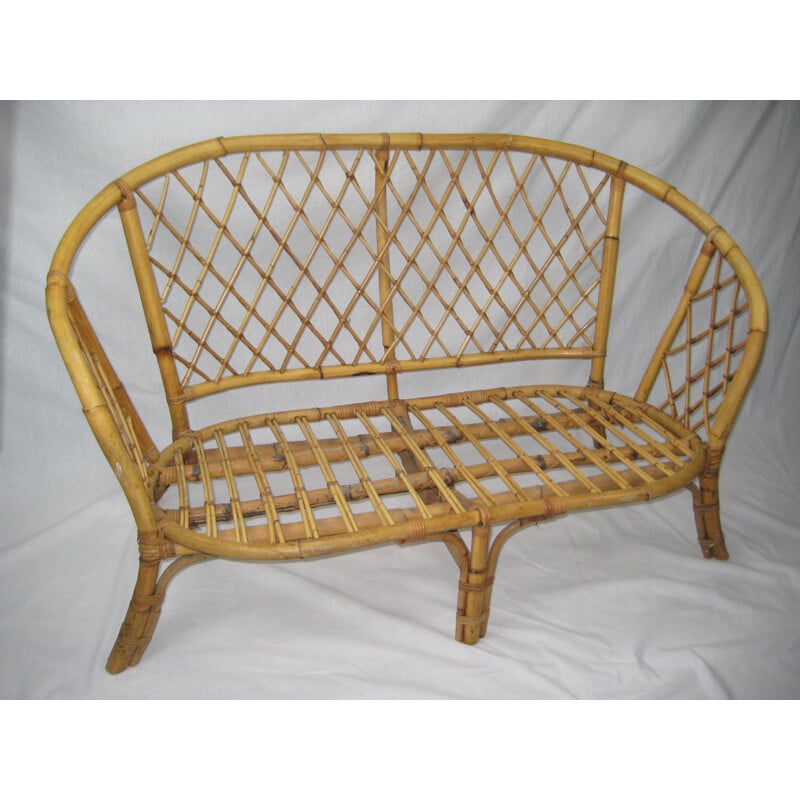 Vintage french rattan bench - 1970s