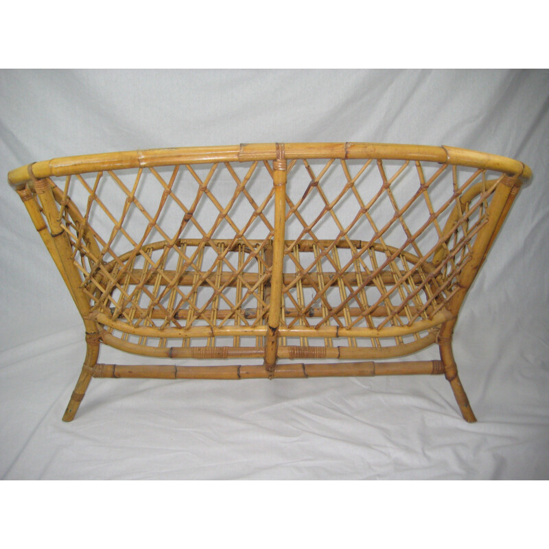 Vintage french rattan bench - 1970s