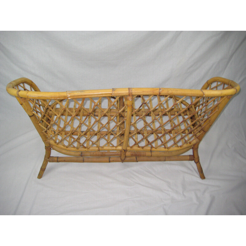 Vintage french rattan bench - 1970s