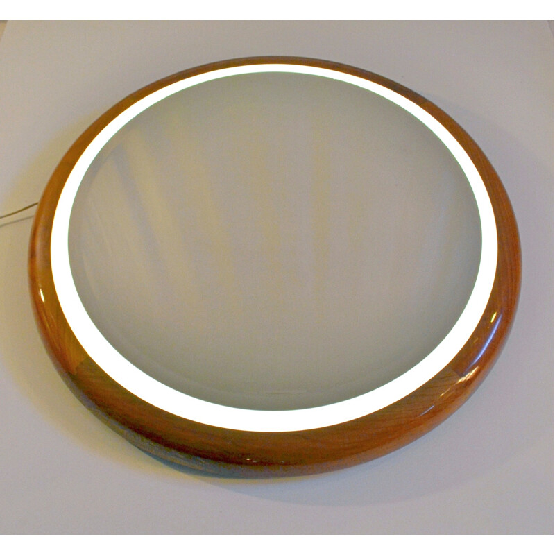 Miroir vintage rétro-éclairé en merisier, Italie 1970