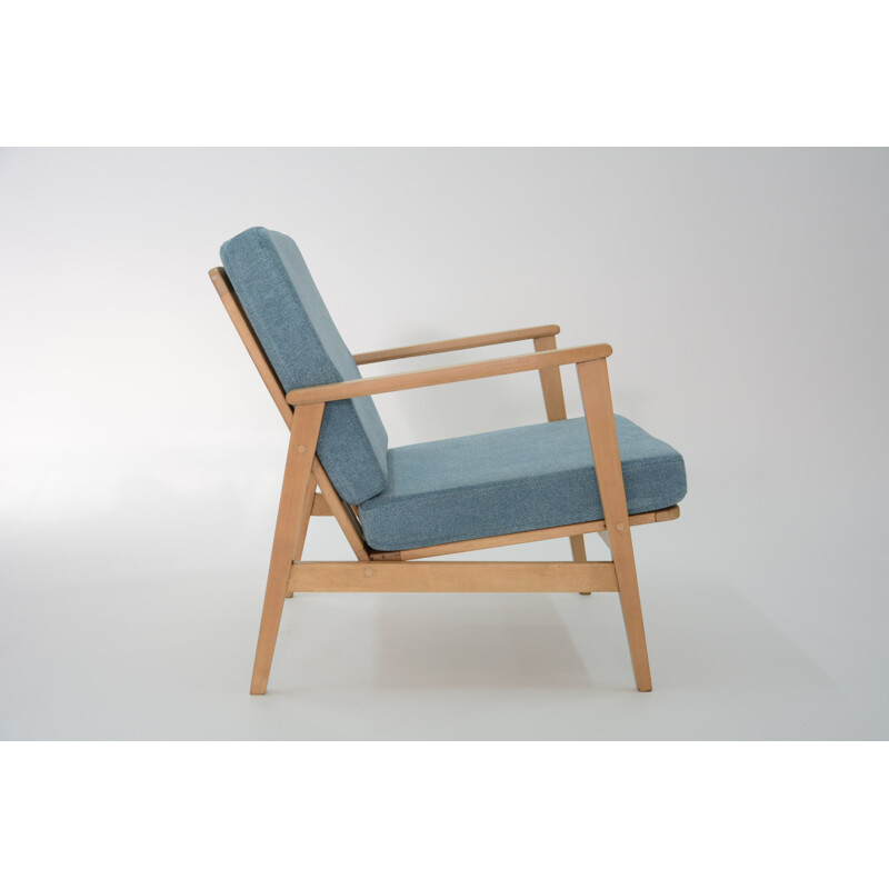 Armchairs in oak and light blue fabric - 1960s