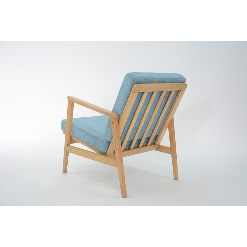 Armchairs in oak and light blue fabric - 1960s