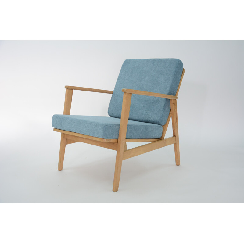 Armchairs in oak and light blue fabric - 1960s