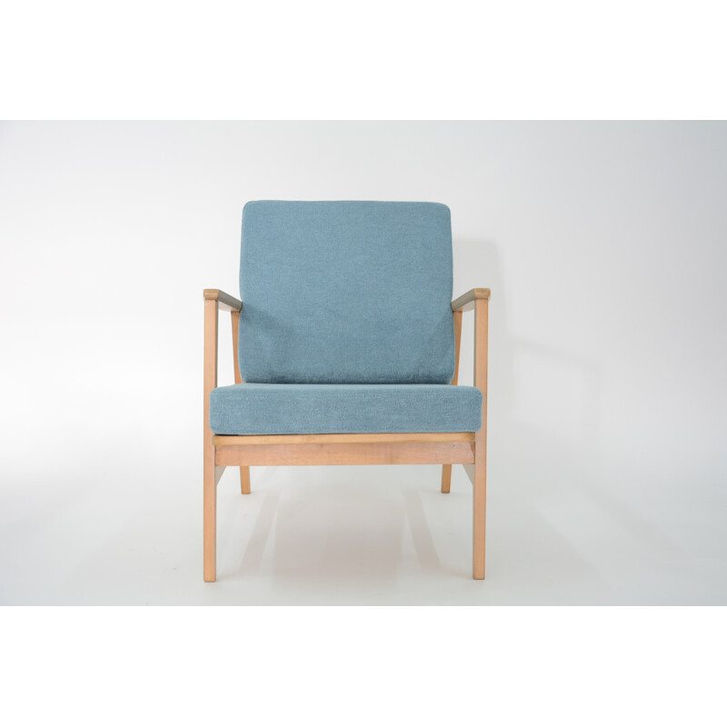 Armchairs in oak and light blue fabric - 1960s