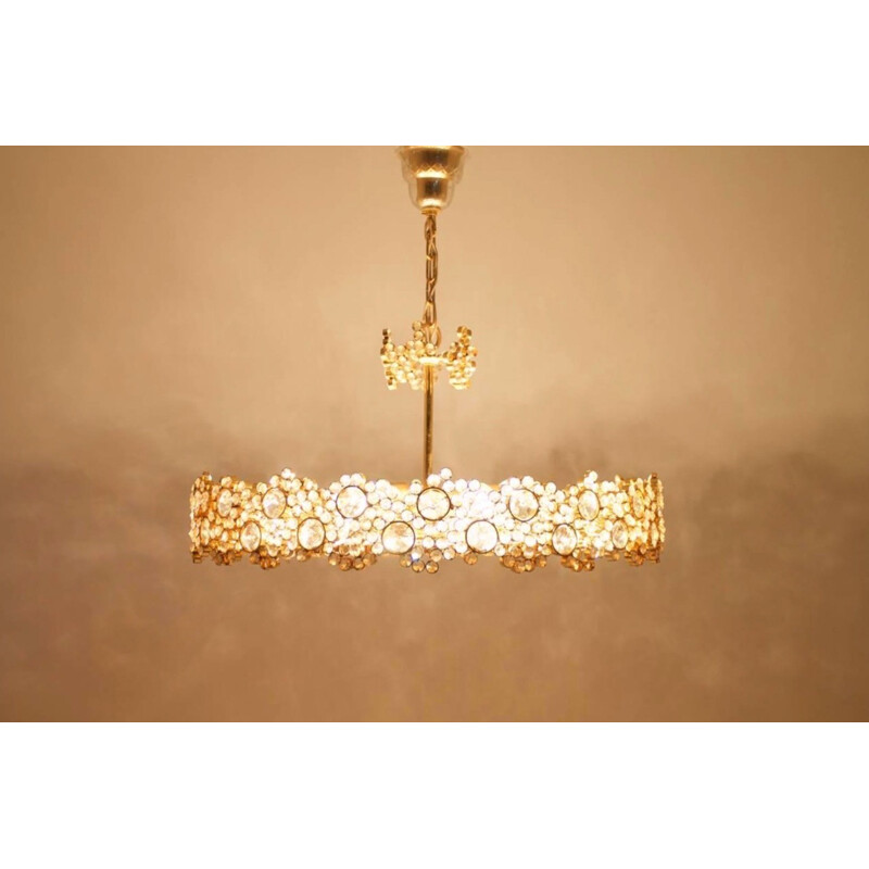Large Brass and Crystal Glass Chandelier by Palwa - 1960s