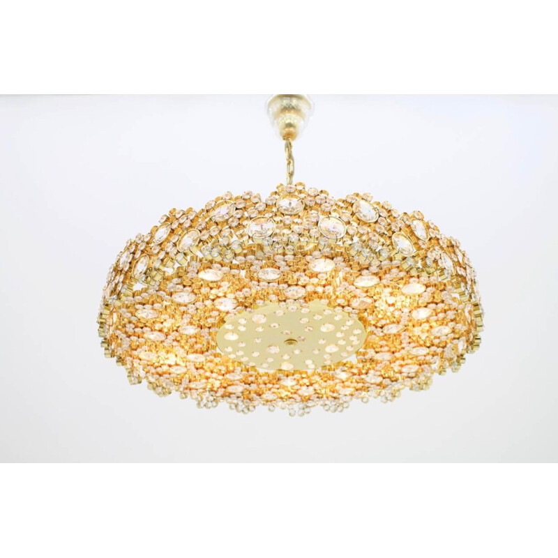 Large Brass and Crystal Glass Chandelier by Palwa - 1960s