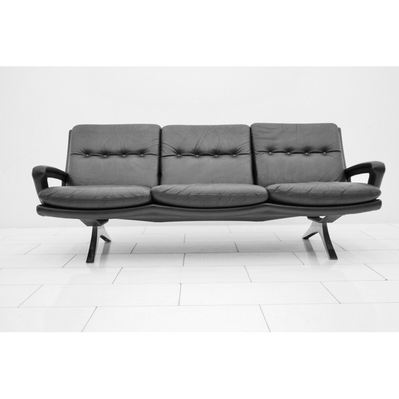 Vintage Black Leather Sofa by Strässle - 1970s
