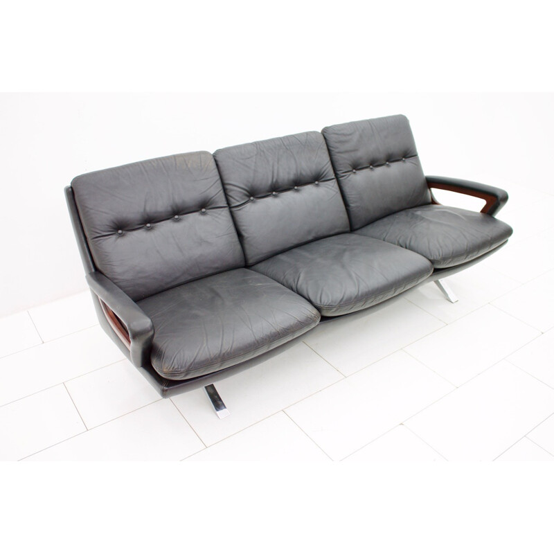 Vintage Black Leather Sofa by Strässle - 1970s