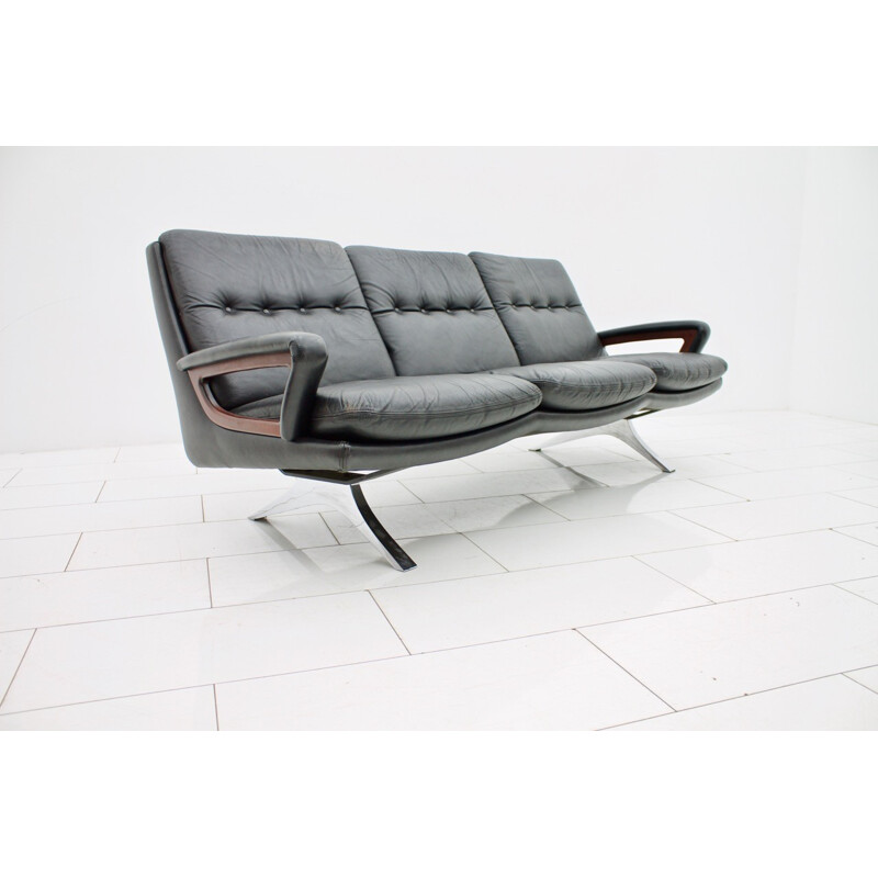 Vintage Black Leather Sofa by Strässle - 1970s