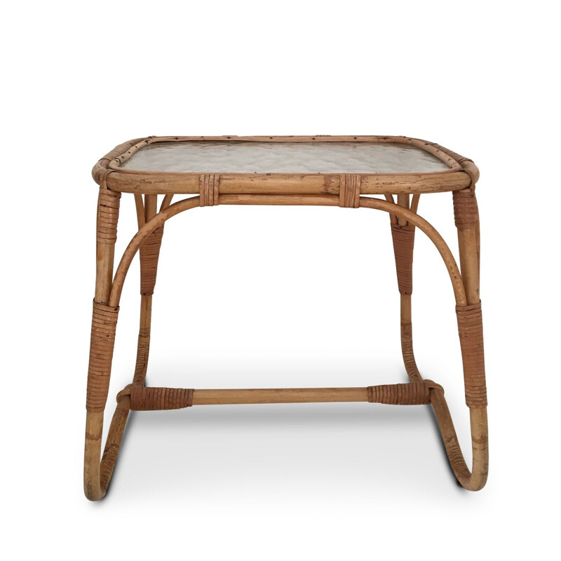 Vintage coffee table in rattan and glass, Netherlands 1960