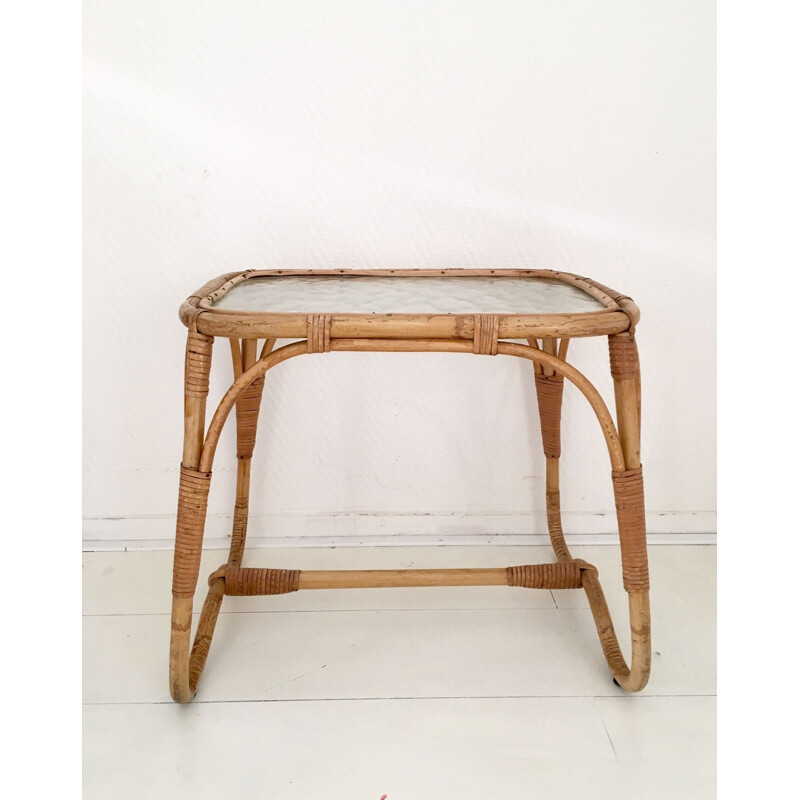 Vintage Couchtisch aus Rattan und Glas, Niederlande 1960