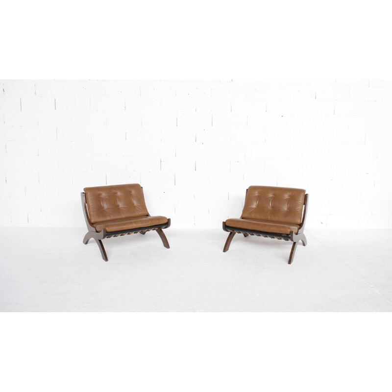 Set of 2 CP1 armchairs in walnut and leather by Marco Comolli - 1960s