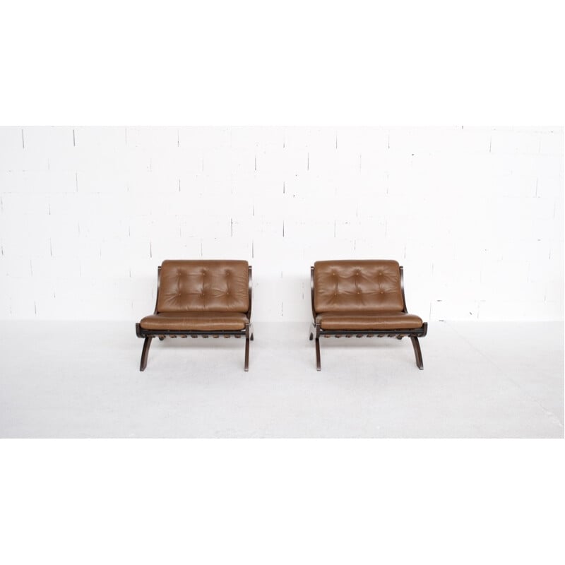 Set of 2 CP1 armchairs in walnut and leather by Marco Comolli - 1960s