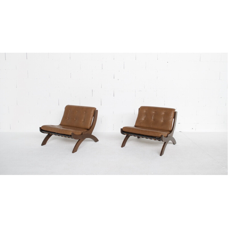 Set of 2 CP1 armchairs in walnut and leather by Marco Comolli - 1960s