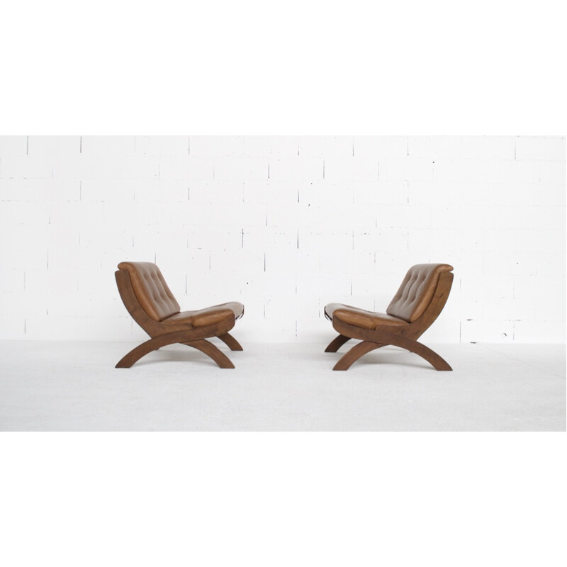 Set of 2 CP1 armchairs in walnut and leather by Marco Comolli - 1960s
