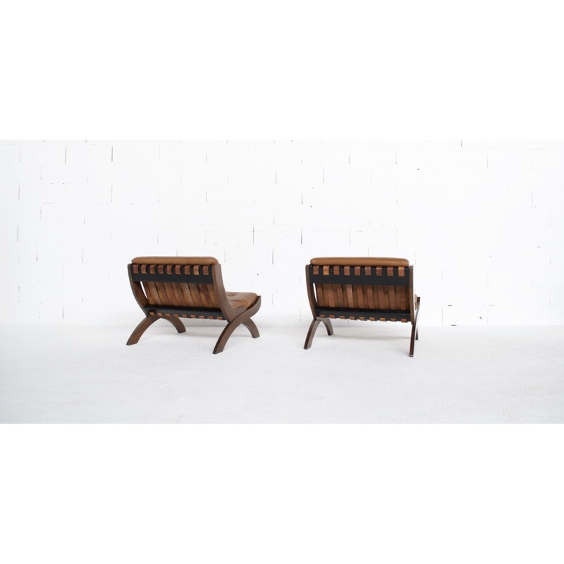 Set of 2 CP1 armchairs in walnut and leather by Marco Comolli - 1960s