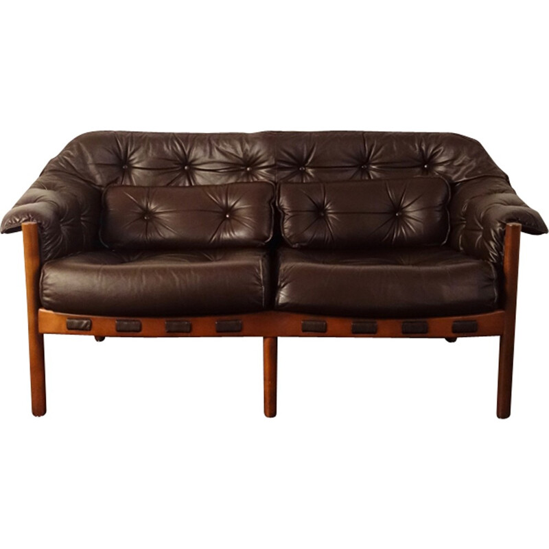 Vintage brown leather 2 seater sofa by Arne Norell for Coja - 1960s