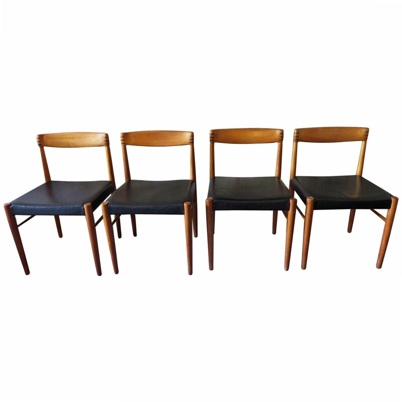 Suite de 4 chaises à repas en teck et cuir de Henry W. Klein - 1960