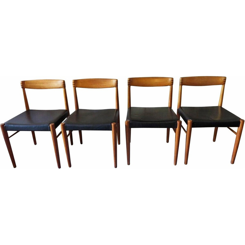 Suite de 4 chaises à repas en teck et cuir de Henry W. Klein - 1960