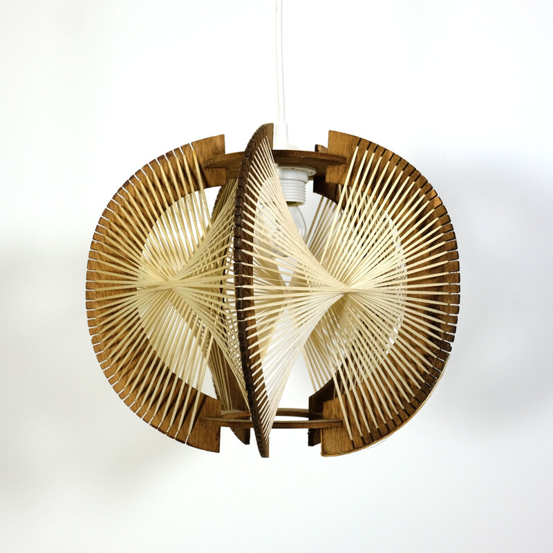 Mid-century pendant lamp in wire and wood - 1960s