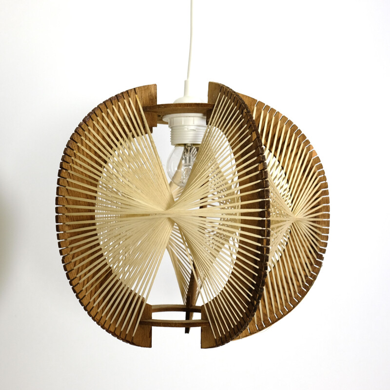 Mid-century pendant lamp in wire and wood - 1960s