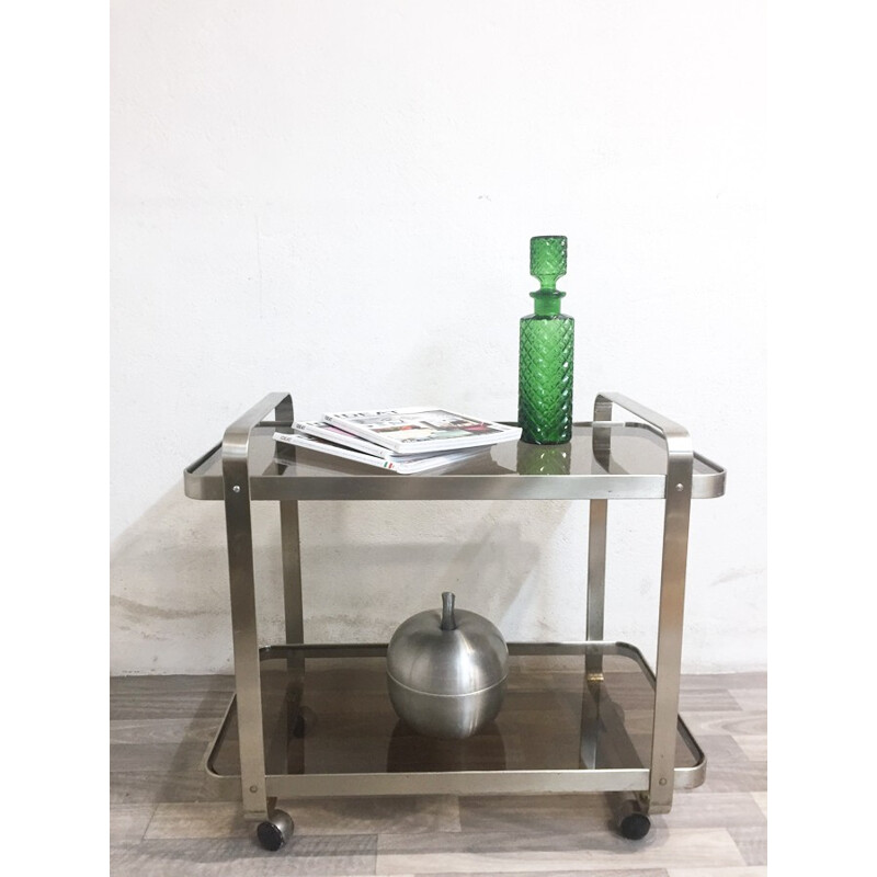 Mid-century stainless steel trolley and glass - 1970s