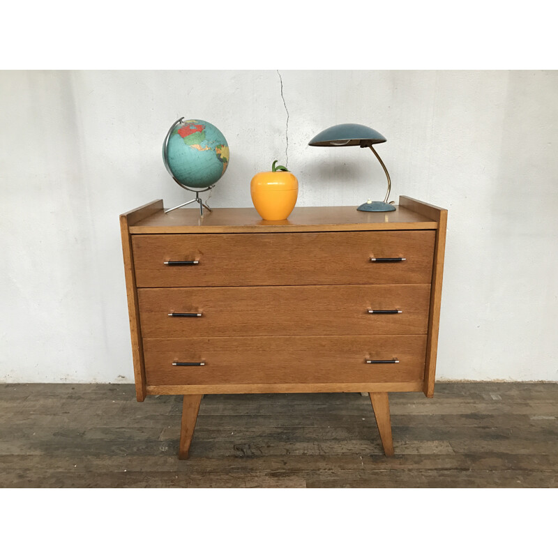 Vintage oak chest of drawers with compass legs - 1950s