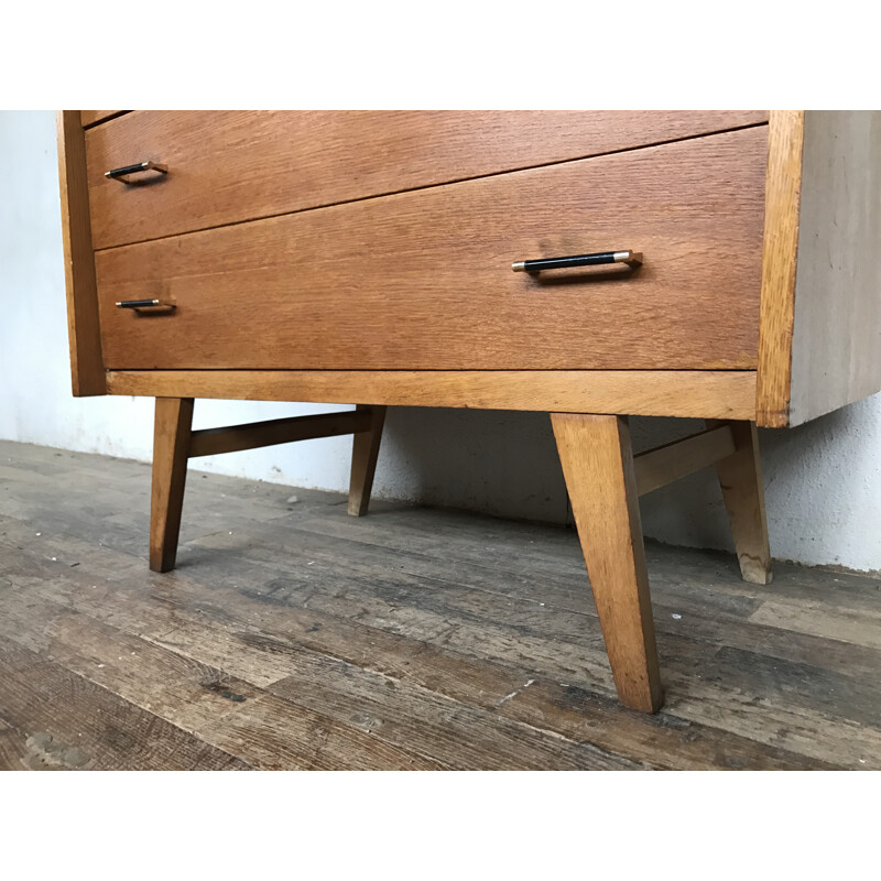 Vintage oak chest of drawers with compass legs - 1950s