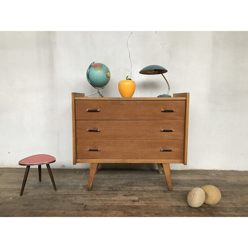 Vintage oak chest of drawers with compass legs - 1950s
