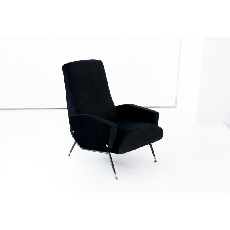 Fauteuil Lounge en Velours Noir en Laiton et en Fer - 1950