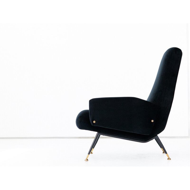 Fauteuil Lounge en Velours Noir en Laiton et en Fer - 1950