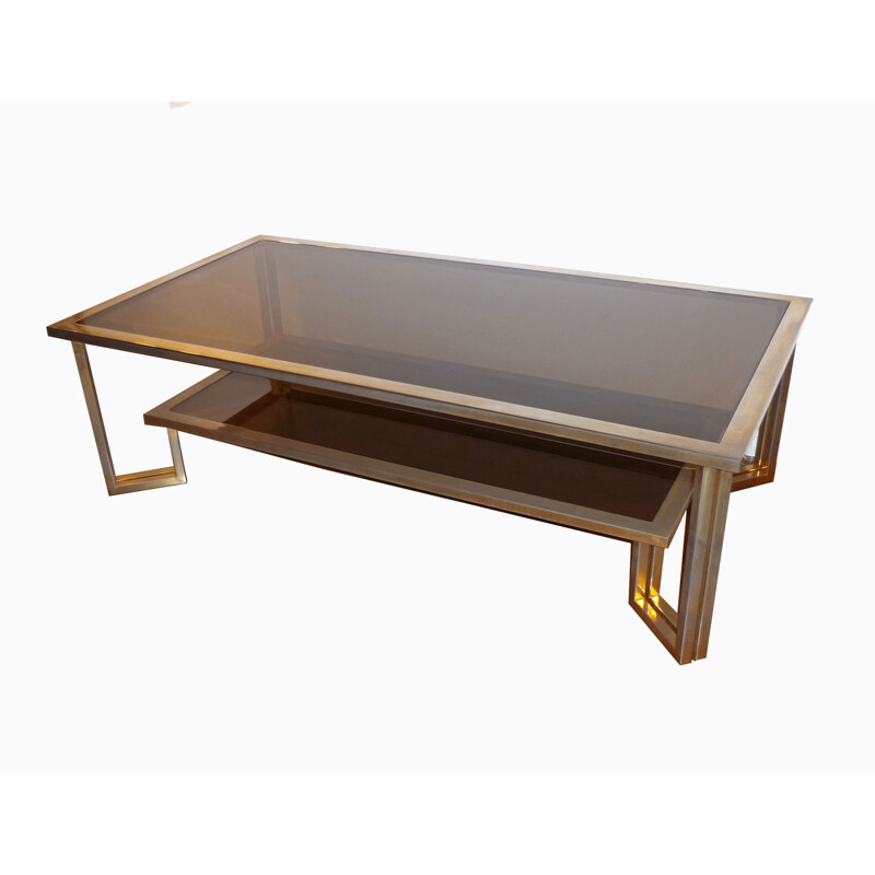 Coffee table with double top smoked glasses and golden brass - 1970s