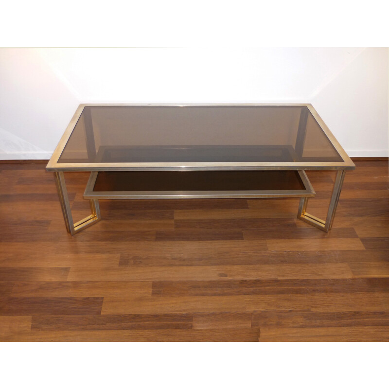 Coffee table with double top smoked glasses and golden brass - 1970s