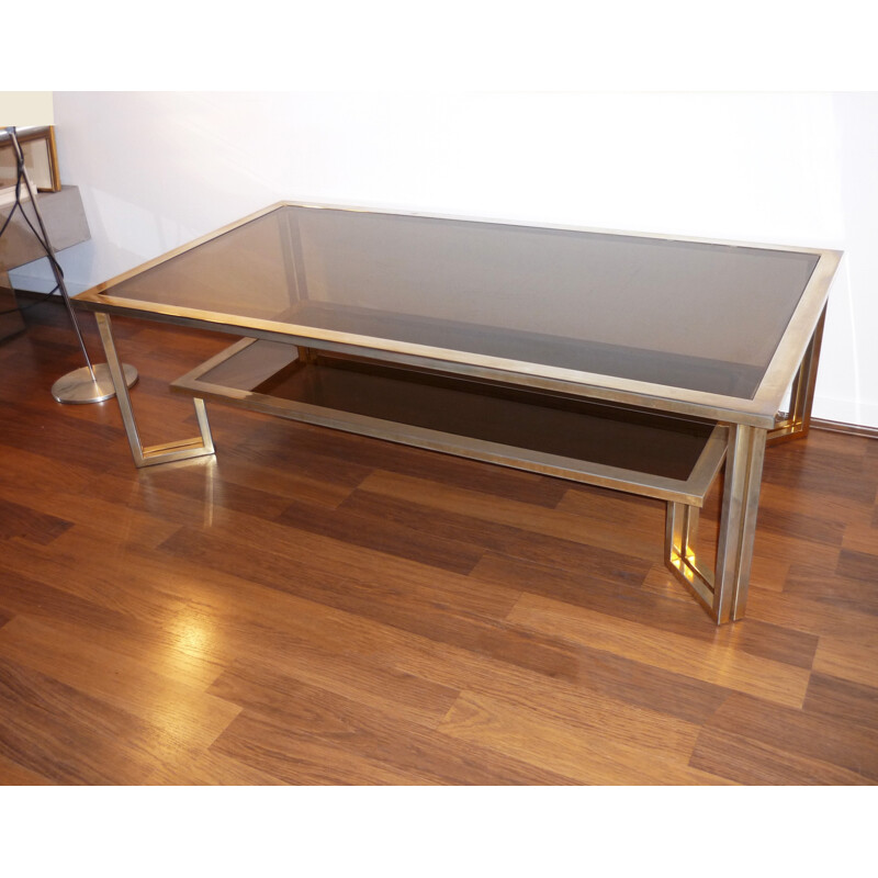 Coffee table with double top smoked glasses and golden brass - 1970s