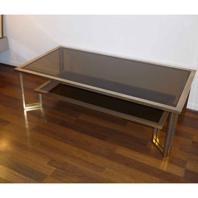 Coffee table with double top smoked glasses and golden brass - 1970s