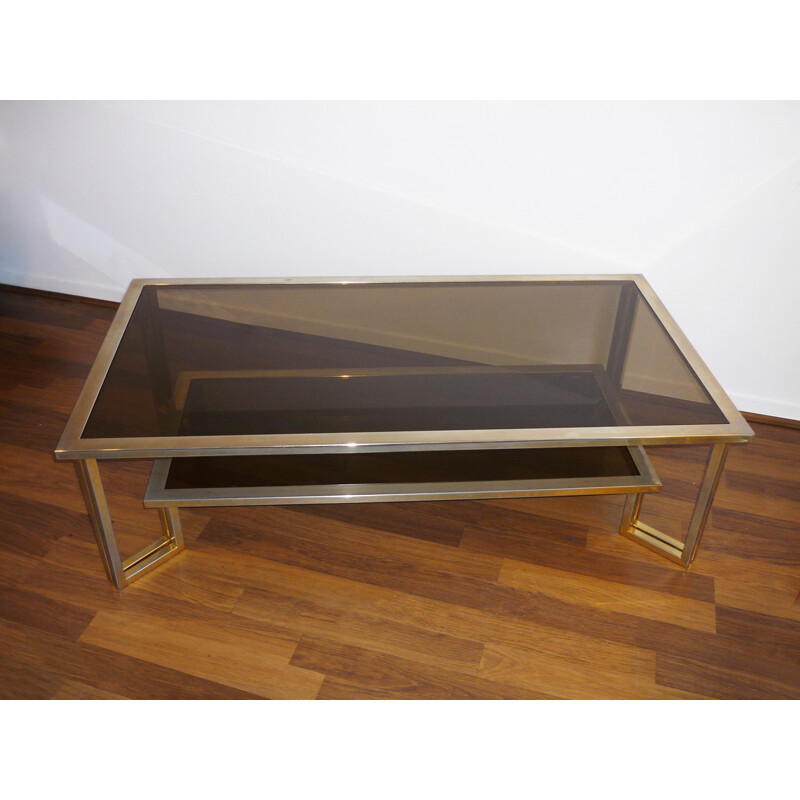 Coffee table with double top smoked glasses and golden brass - 1970s