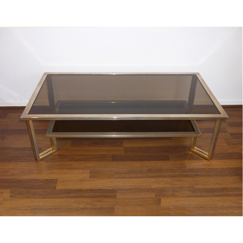 Coffee table with double top smoked glasses and golden brass - 1970s