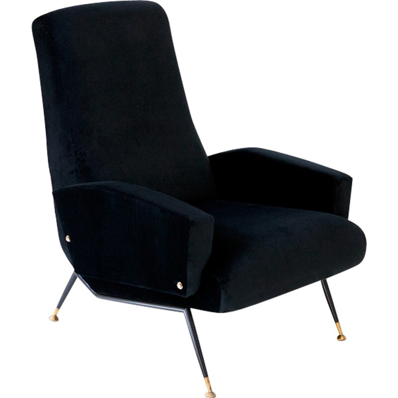 Vintage Black Velvet Brass And Iron Lounge Chair - 1950s