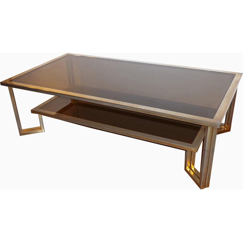 Coffee table with double top smoked glasses and golden brass - 1970s