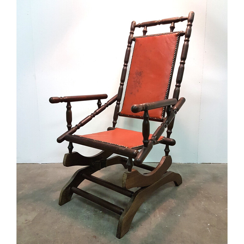 Vintage scandinavian rocking chair with patinated leather - 1950s