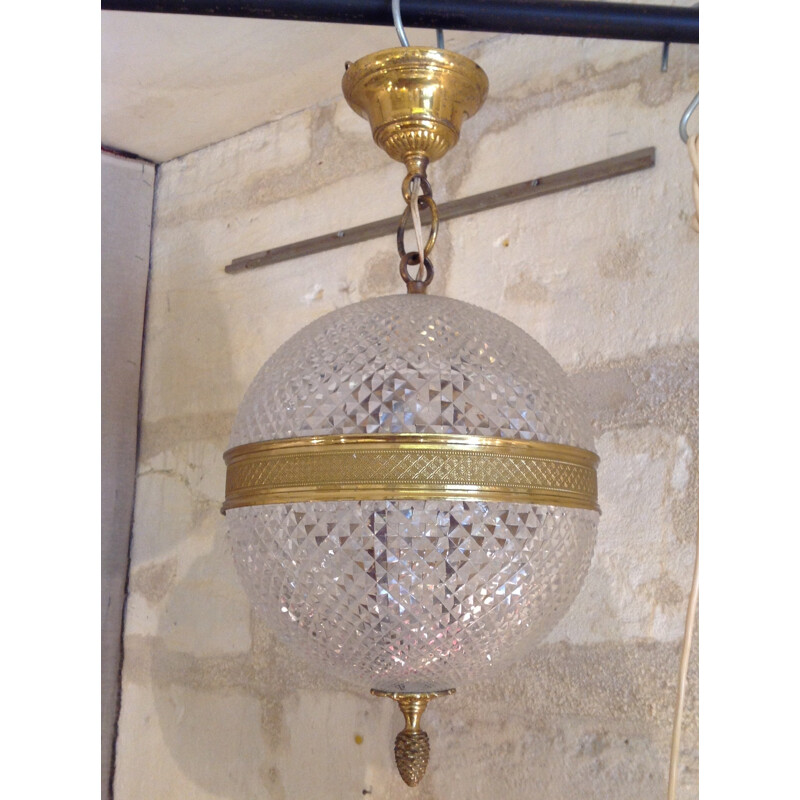 Ball pendant lamp in crystal and brass - 1960s