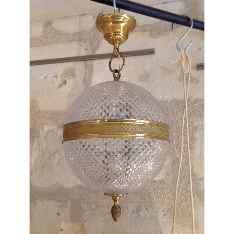 Ball pendant lamp in crystal and brass - 1960s