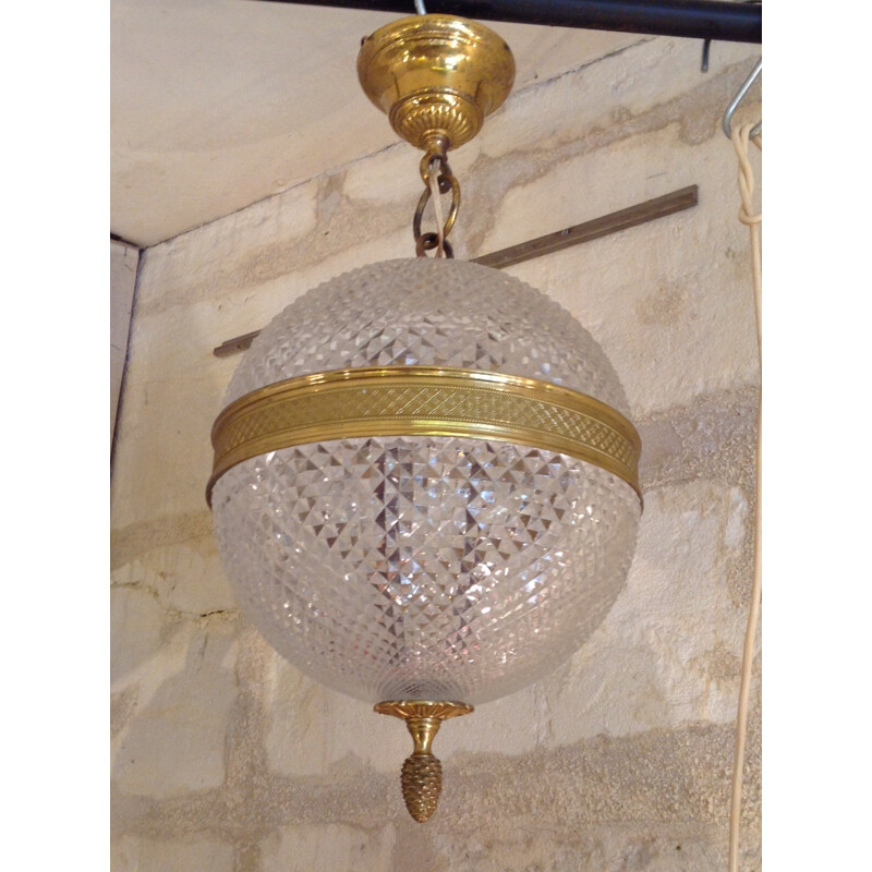 Ball pendant lamp in crystal and brass - 1960s